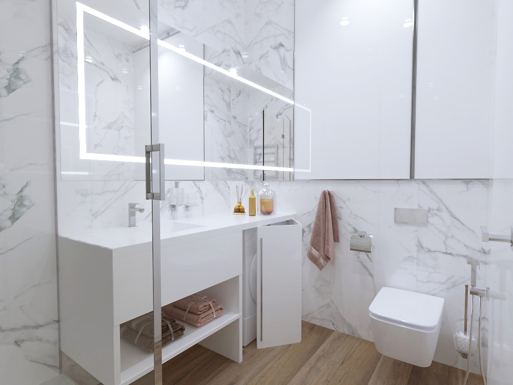 дизайн интерьера ванной комнаты в белом мраморе