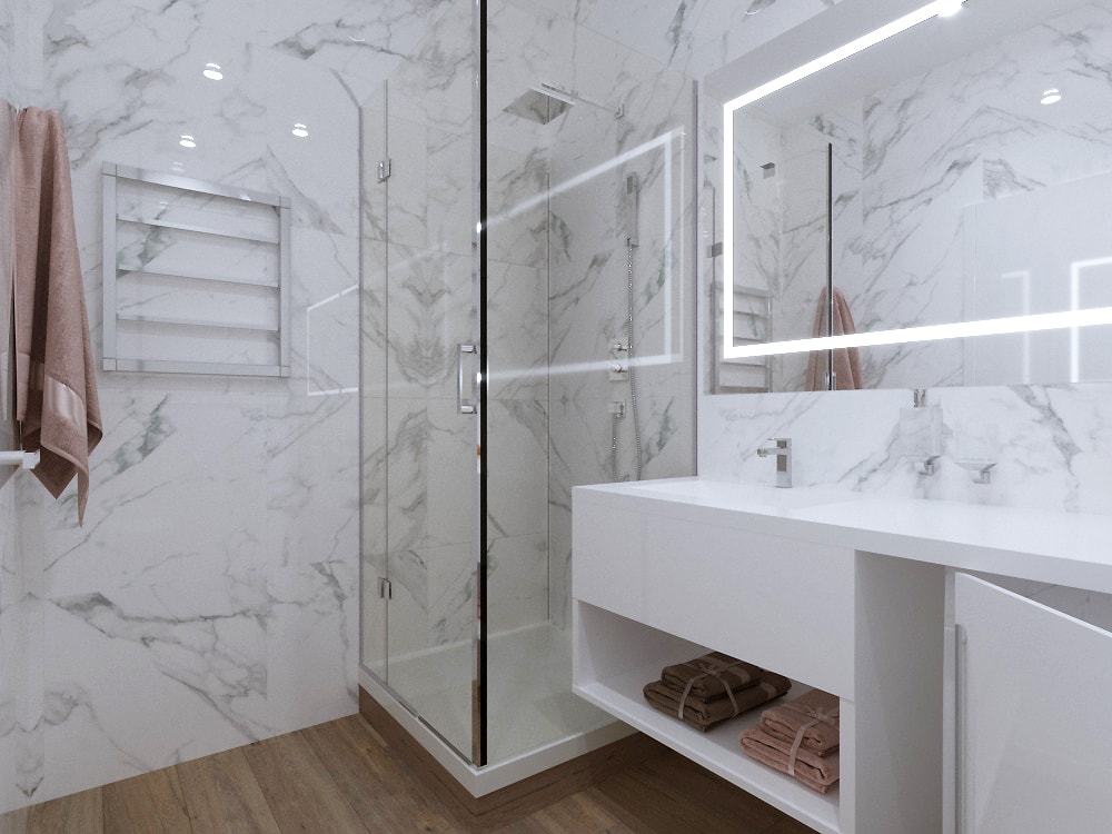 дизайн интерьера ванной комнаты в белом мраморе