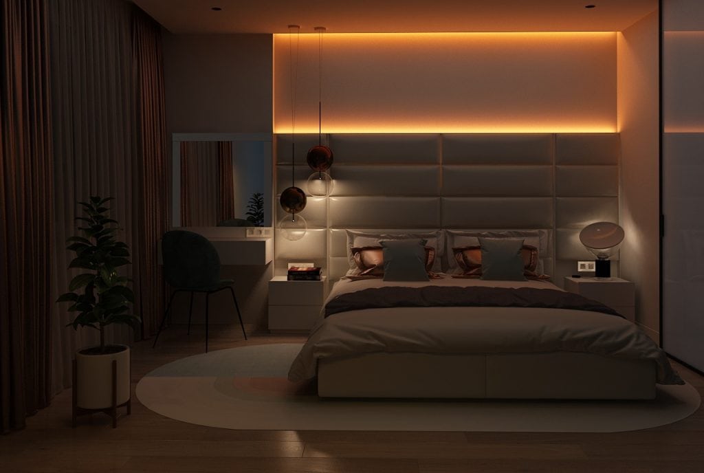 дизайн интерьера спальни с фоновой подсветкой