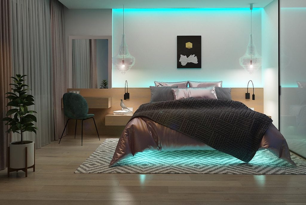 дизайн интерьера спальни с фоновой подсветкой